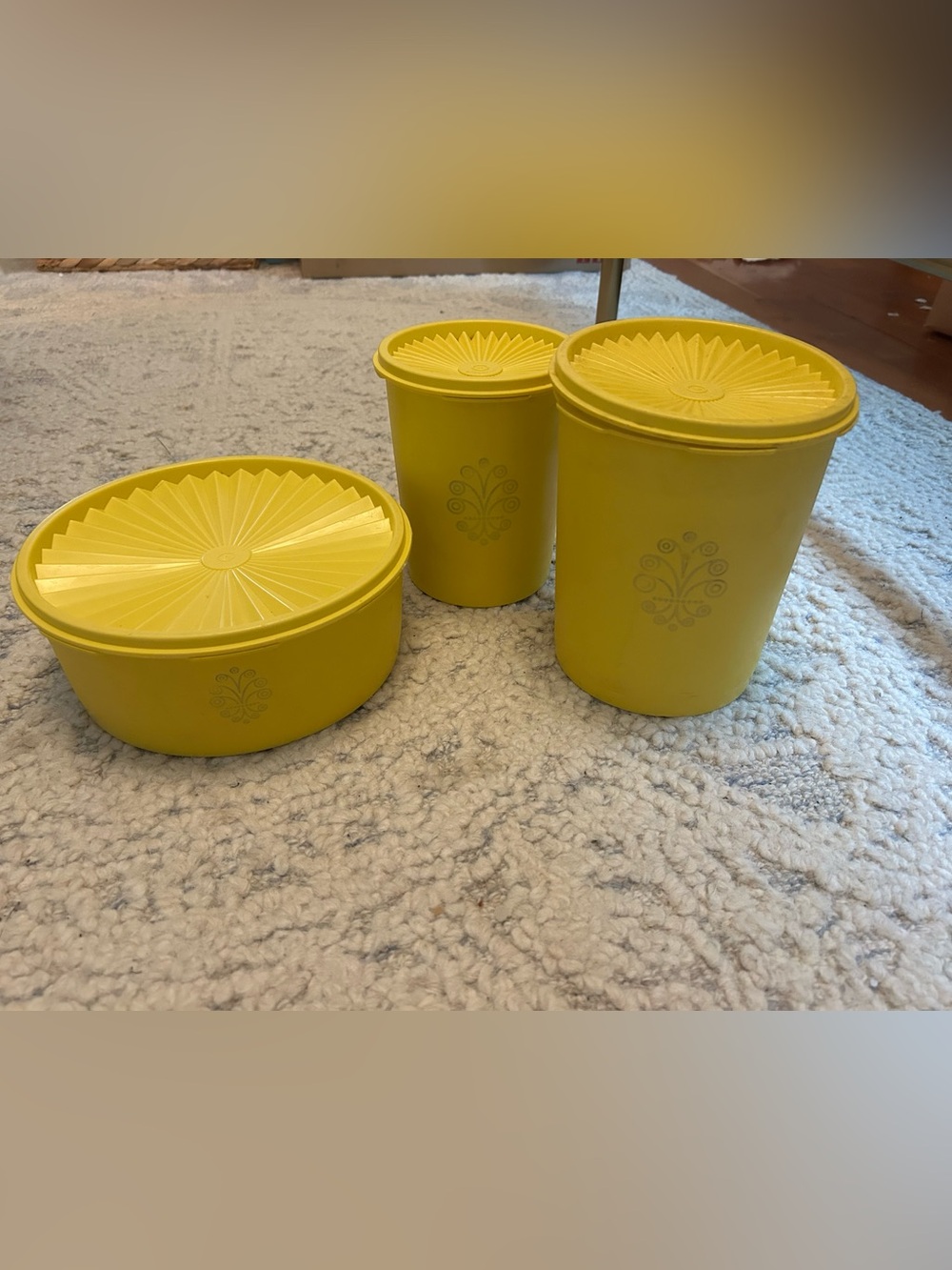 Vintage 1970s Tupperware Servalier Canister Set Harvest Gold Yellow Sunburst MCM